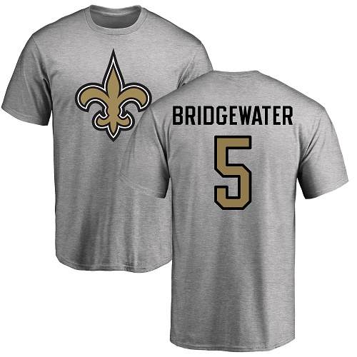 Men New Orleans Saints Ash Teddy Bridgewater Name and Number Logo NFL Football #5 T Shirt->nfl t-shirts->Sports Accessory